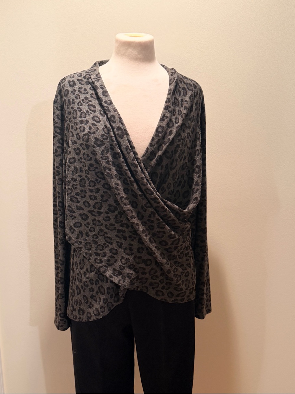 1. State Charcoal Leopard Draped Wrap Cardigan